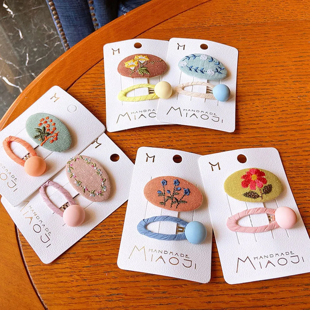 

2 Pcs New Korean Children Hairpins Simple Fashion Colorful Embroidery Flower BB Clip for Sweet Girl Princess Hair Accessories