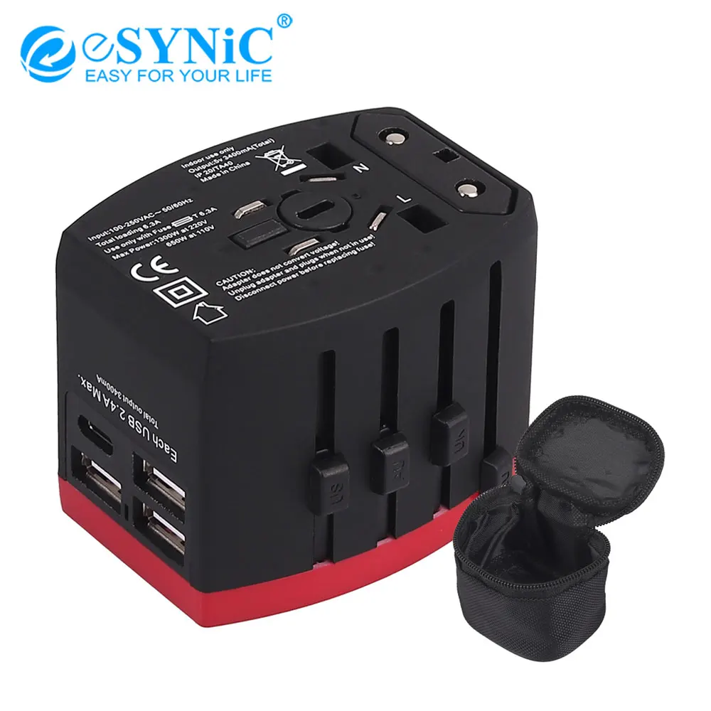 

Универсальное сетевое зарядное устройство eSYNiC, черный дорожный адаптер с 3 USB-портами и 1 портом Type-c, адаптер для мобильных телефонов AU/USA/UK/EU