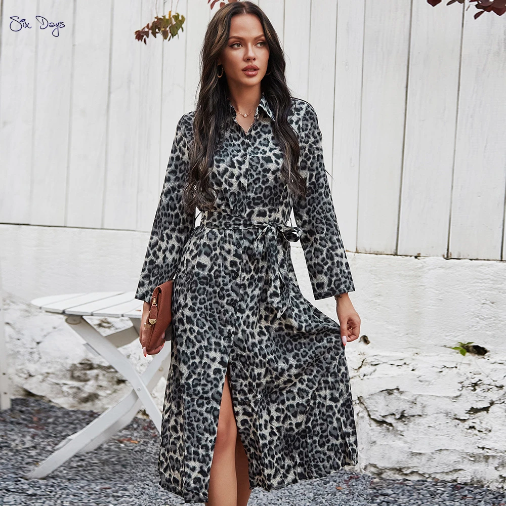 

Fashion Autumn And Winter Dark Grey Lady Skirt Leopard Print Sexy Long Sleeve Belt Temperament Women Dress