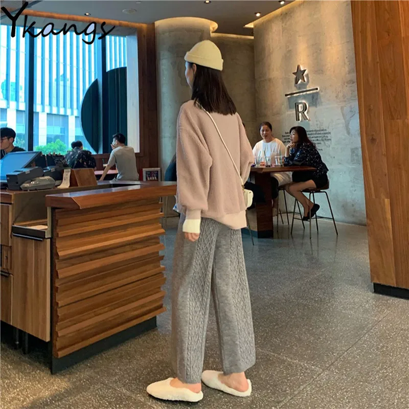 

Трикотажные однотонные широкие брюки, женские удобные осенне-зимние модные брюки с высокой талией, свободные прямые брюки в Корейском стил...