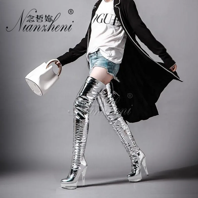 

15cm Super Stiletto heels Silver Crystal Platform Small Size Over the knee Boots Clubbing Stripper Queen 6 inches Fashion Mature