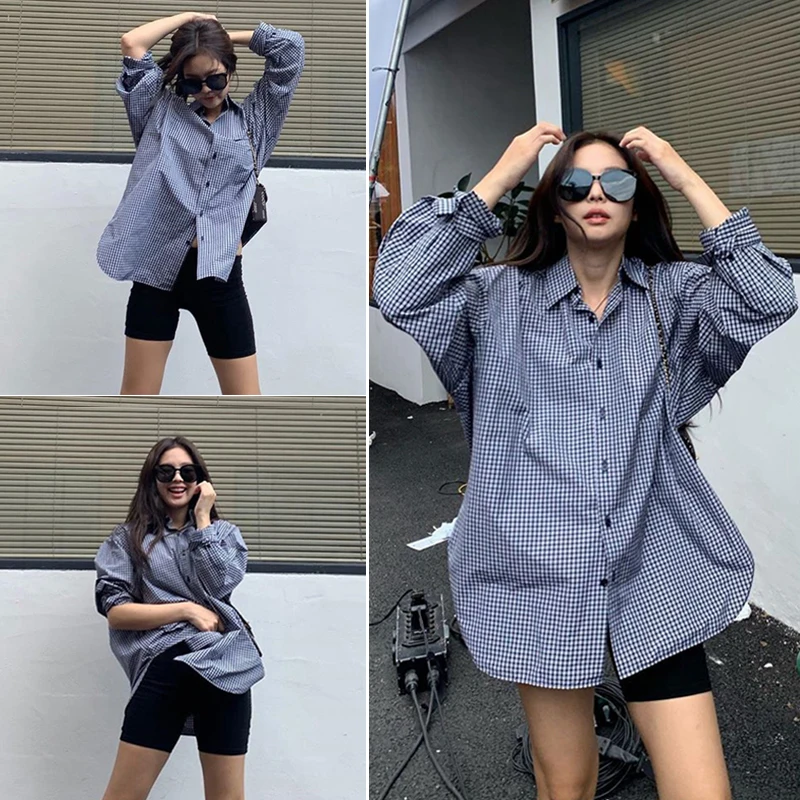 

kpop Korean Celebrity same korea Women Plaid Button Shirts 2021 autumn Long Sleeve Blouses Office Cotton Shirt Casual Loose Tops