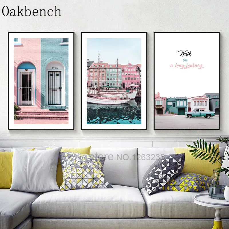 Розовая британская архитектура Настенная картина на холсте Цветы постеры в