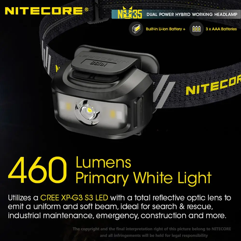 NITECORE NU35 460 люменов может одновременно использовать встроенную батарею и легко