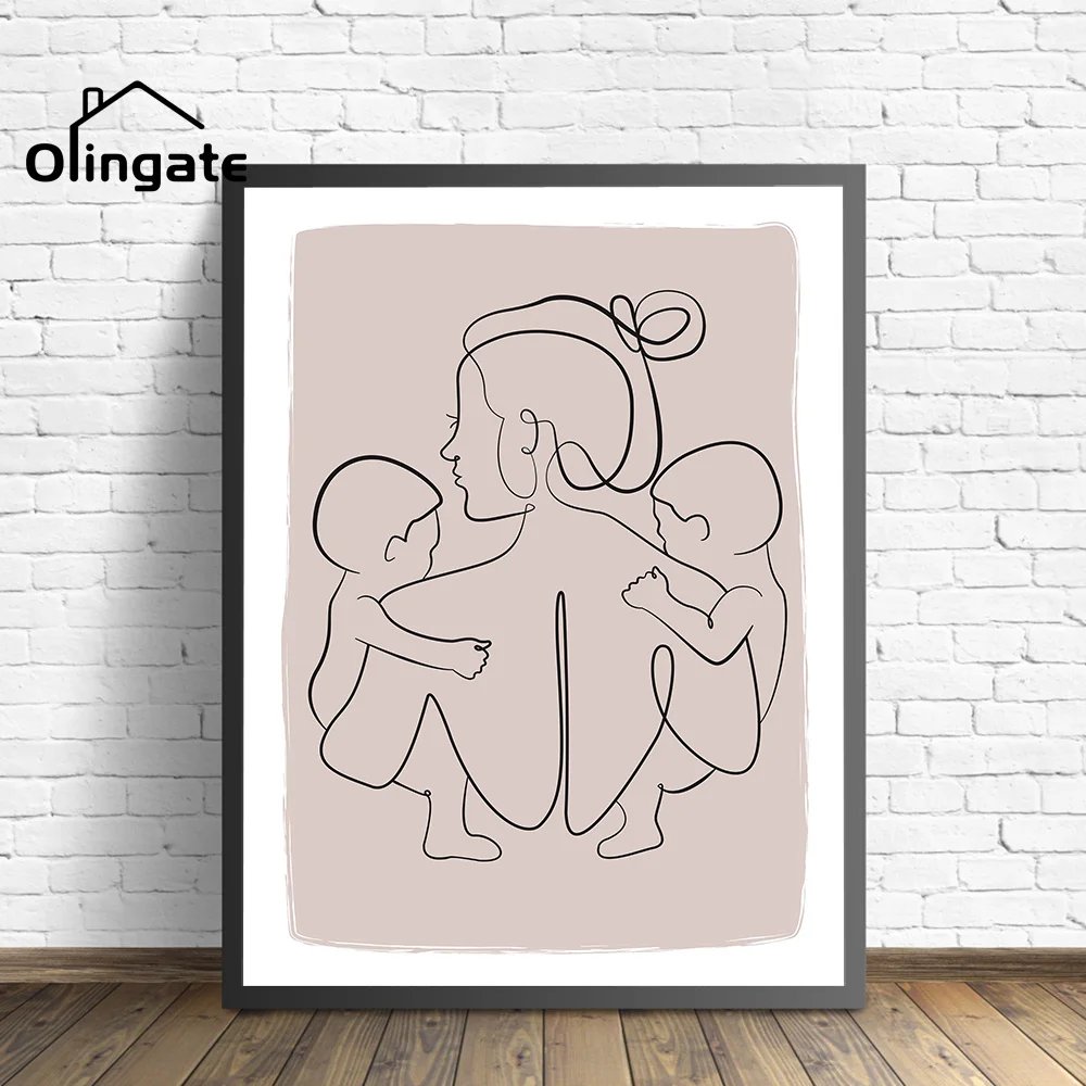 

Mom with Two Baby Art Line Abstract Minimalist Wall Drawing Posters Family Nursery Portrait Canvas Painting Room Home Decor