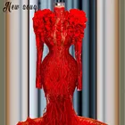 Aso Ebi Красный Русалка вечернее платье для танцев; Платье с рюшами, длина верхней части тела, одежда с длинным рукавом из бисера торжественное платье для выпускного вечера размера плюс халат de Вечер