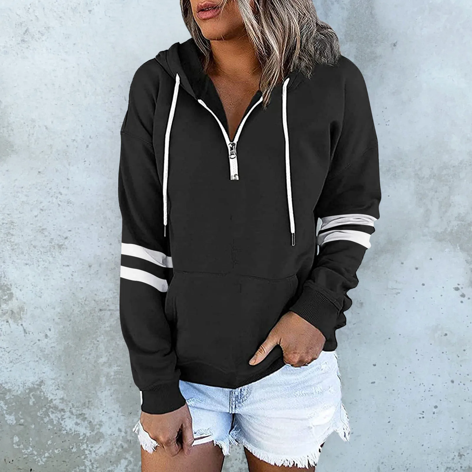 

Hoodies Women Long Sleeve Patchwork Hooded Pullover Top Fashion Zipper Drawstring Female Sweatshirts Sudaderas Con Capucha#fs