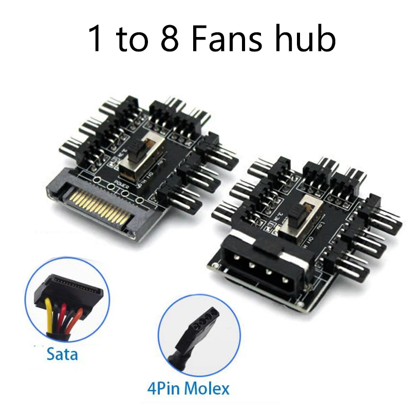 1 to 8 Way Splitter Cooler Cooling Fan Hub 3pin 12V Power Socket PCB Adapter 2 Level Speed Control PC Computer 4PIN/SATA Adapter