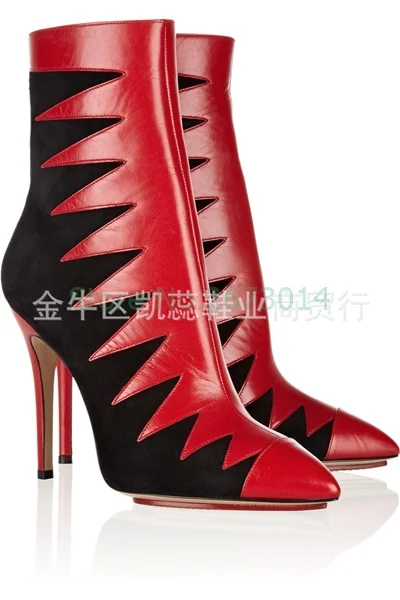 

Woman's Mid-Calf Patent Leather Boots Red Black Mixed Color Sexy Pointed Toe Boots Stiletto High Heel Fashion Zipper Boots