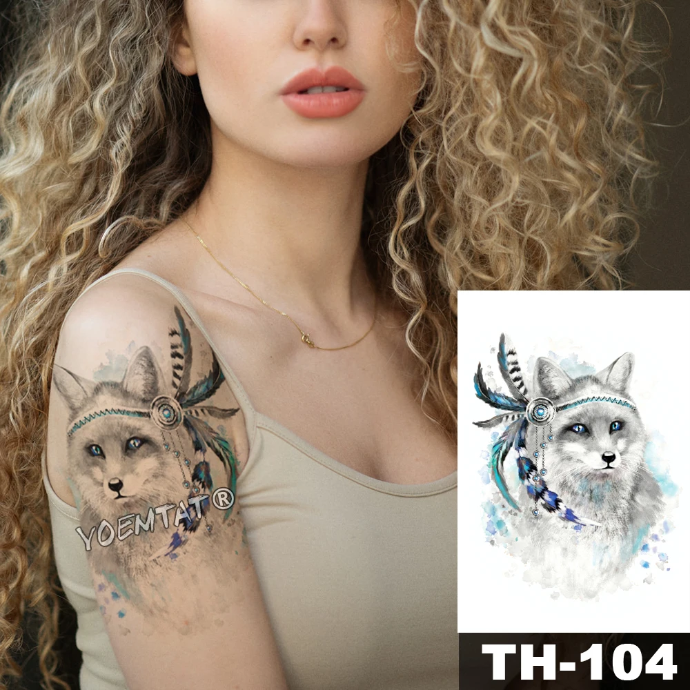 

Water Transfer Watercolor body art flash fake tatoo Waterproof Temporary Tattoo Sticker Gray elegance feather fox pattern