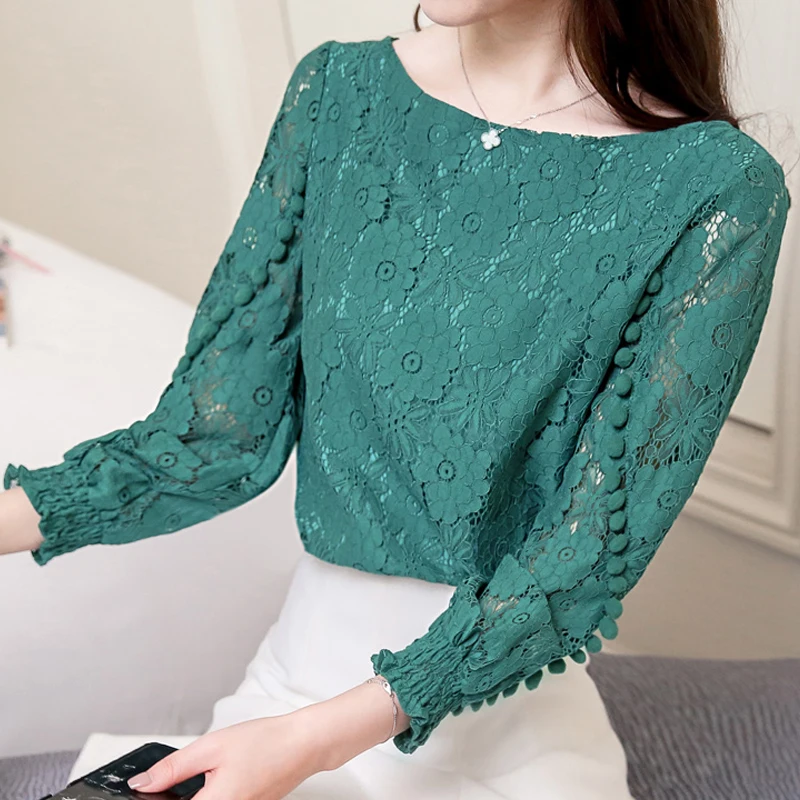 с длинным рукавом круглым вырезом и вышивкой Женская белая кружевная блузка 2019