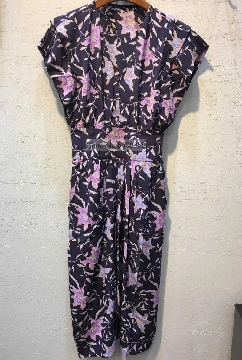 

Woman Floral Pring Viscose Midi Dress V-neck Sleeveless Ruffled Pleats Detail Slim Waist Fashion Dress 2021SS New
