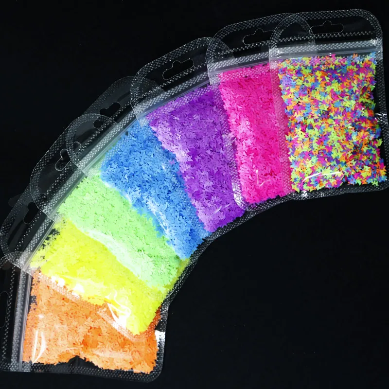 

5g/Bag 7 Colors Fluorescent Butterfly Nail Art Flakes 3D Colorful Polish Manicure DIY Decorations Sparkling Nail Paillettes