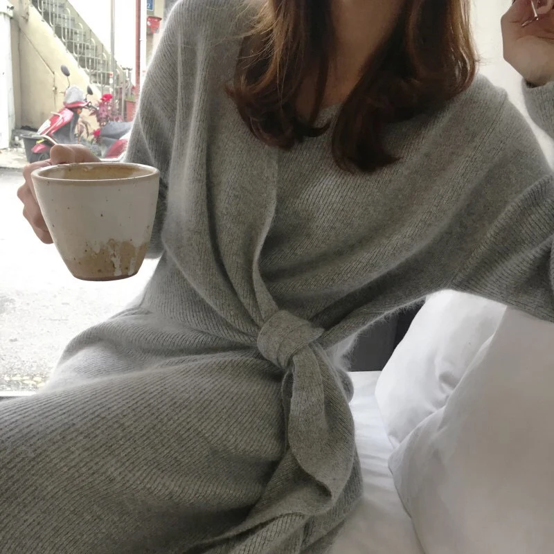 Elegant Women Jumper Autumn Casual Solid Color Loose Tunic Knitwear Belted Cashmere Sweater Sexy V Kneck Knitted Long Section |