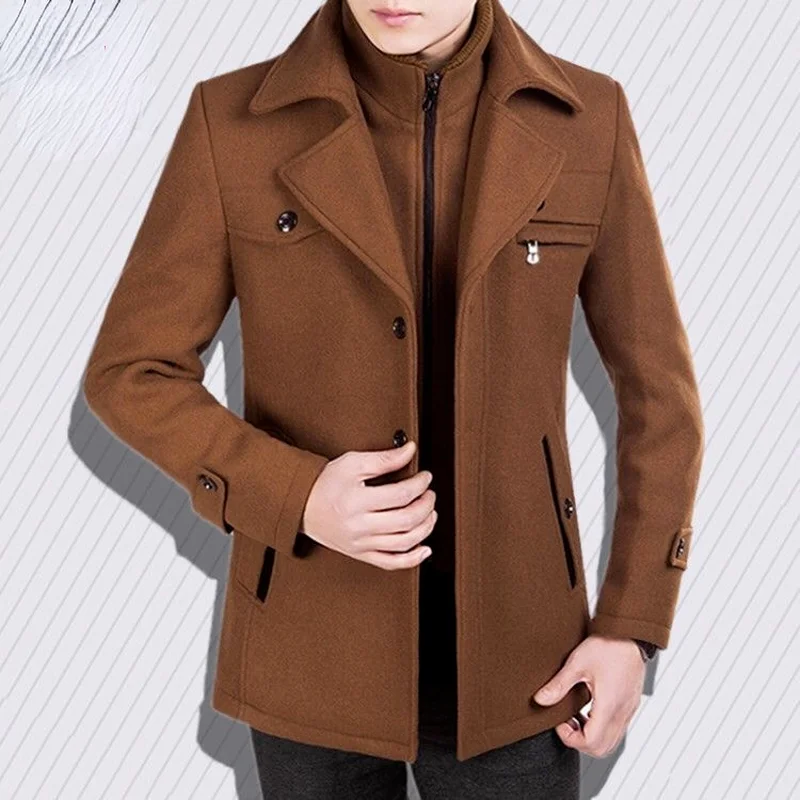 

Men 2022 New Autumn and Winter Jacket Men's Mid-length Woolen Jacket Male Stand-up Collar Slim Thick Warm Coat Y271