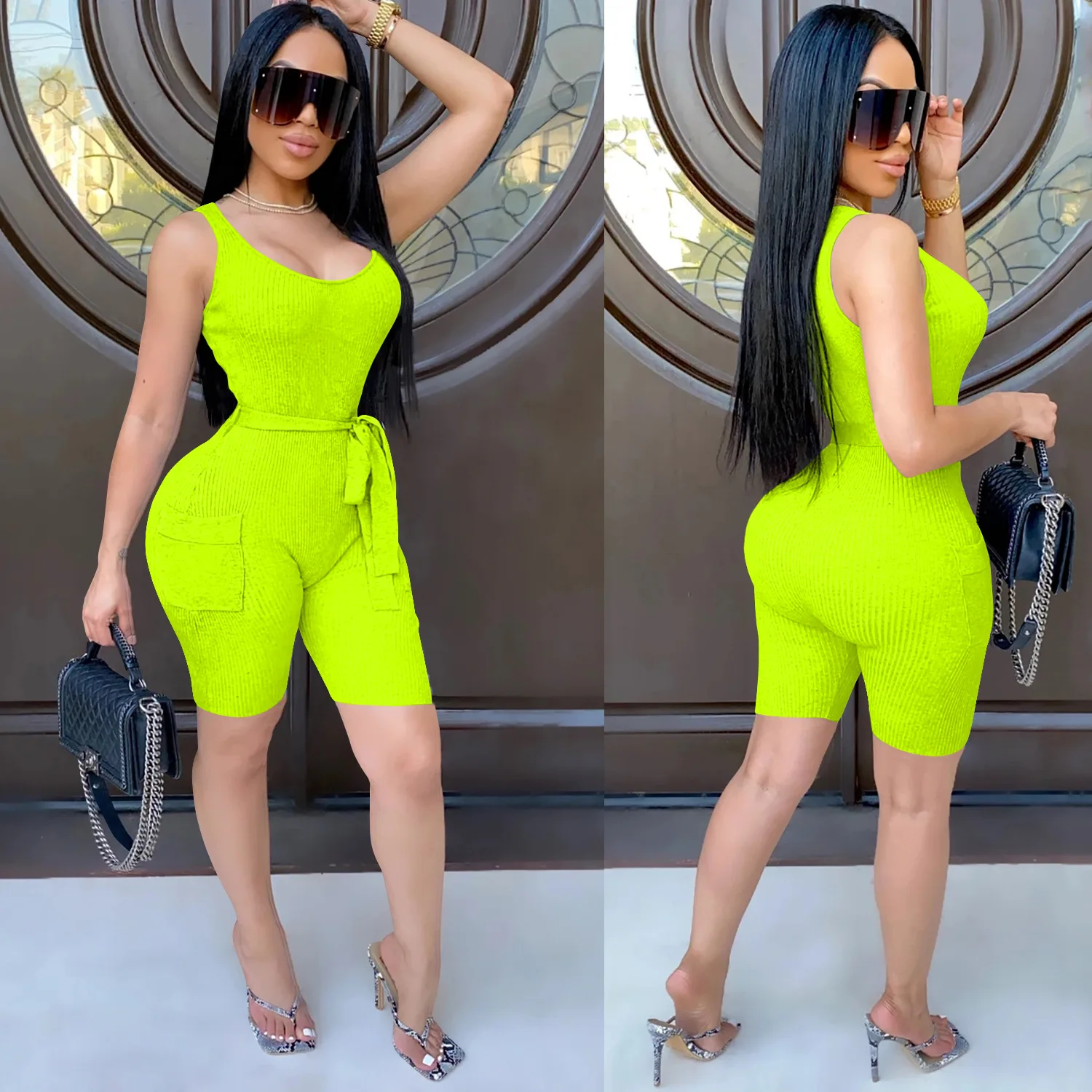 

PinePear Ribbed Knitted Playsuit Women Pocket Belt Bow Bandage Bodycon Rompers Fitness Clothes Summer Skinny Jumpsuit Wholesale