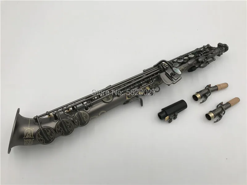 

The curved shape Brass Straight B Flat Soprano Sax Saxophone Key type Matte Black gold Carve Pattern with Carrying Case
