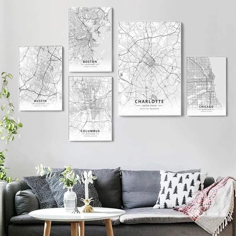 

Austin,Boston,Charlotte,Chicago,Columbus,Modern United States City Map Poster Canvas Wall Art Print Home Decor