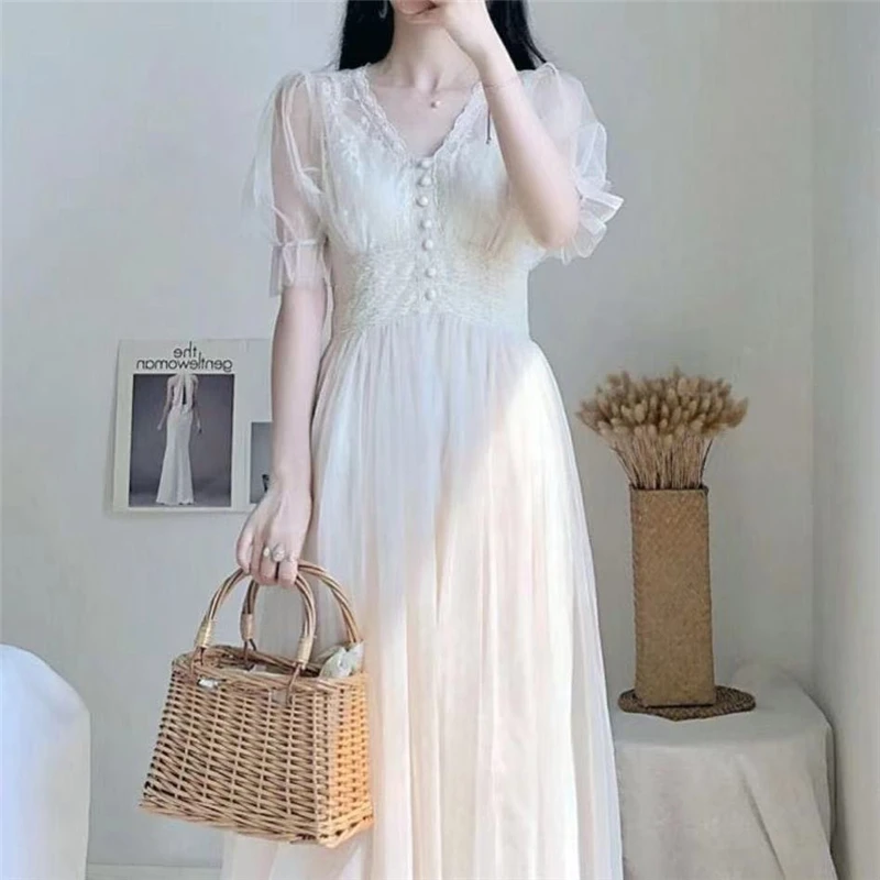 

Dress Women 2021 Spring Plus Size Dress Elegant A-Line Vestidos Solid Puff Sleeve Empire V-Neck Ladies Lace Dress Mesh