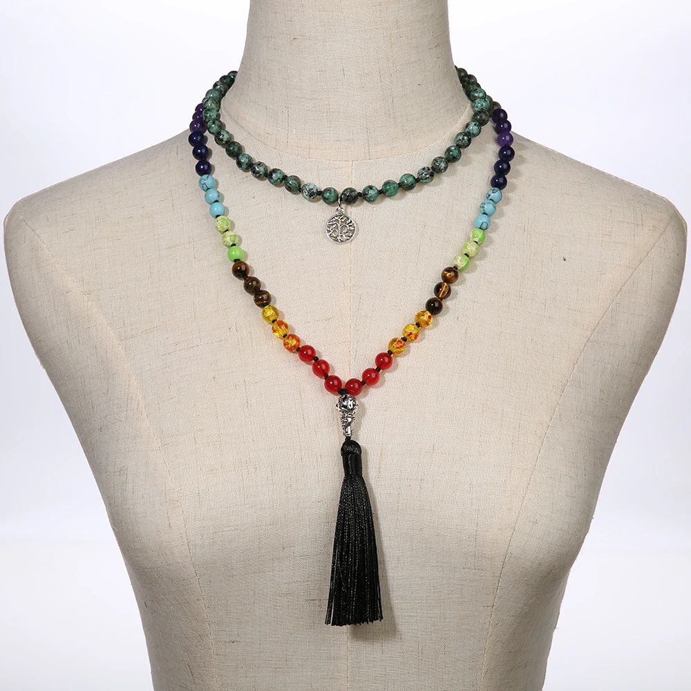 YUOKIAA 108 Mala Beads ожерелье с ручным узелком 7 Чакр Йога Медитация деревом жизни кулон