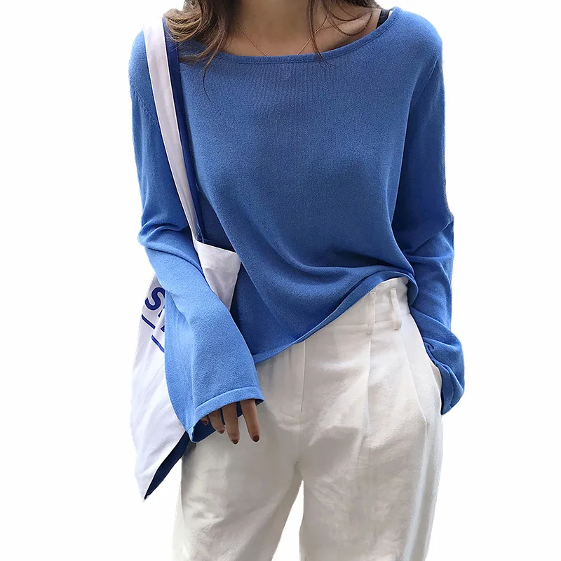 Slash Neck Crop Knitted Tops Women Bell Sleeve Autumn Sweater Pullover Boat Loose Fall | Женская одежда