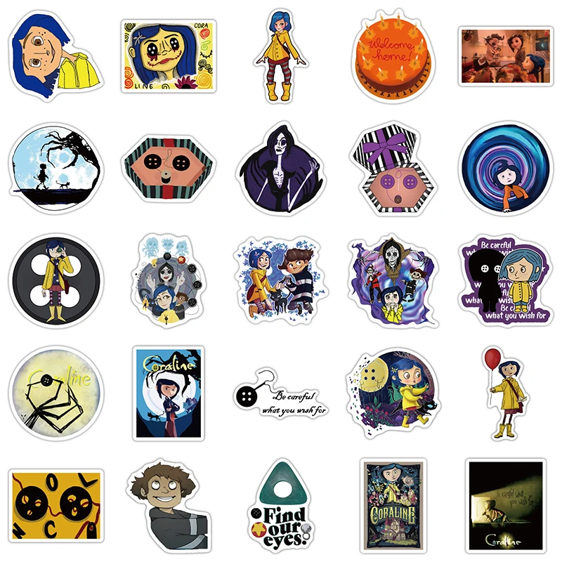 Calcoman&iacute;as de dibujos animados de pel&iacute;cula Coraline & The Secret Door, conjunto de 10/50 unids/set, pegatinas para equipaje, funda para rat&oacute;n, monopat&iacute;n, port&aacute;til-3