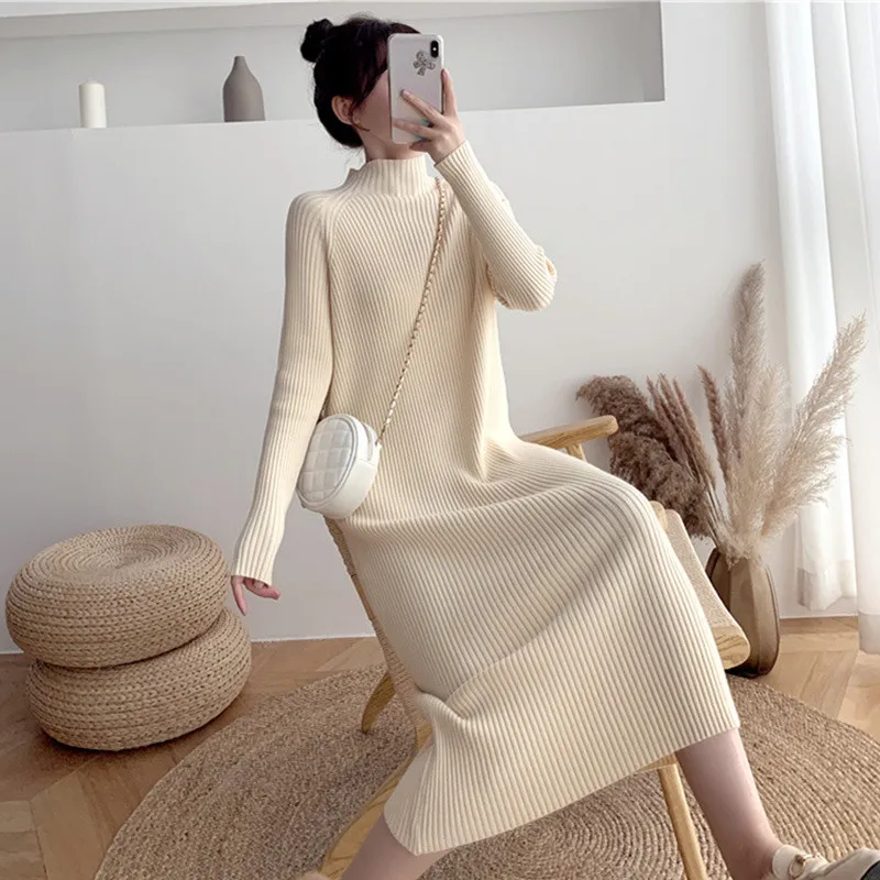 

Apricot Solid Elegant Long Knitted Sweater Dress Women Pullover Turtleneck Warm Female Sweater New Autumn Winter Clothes Tops
