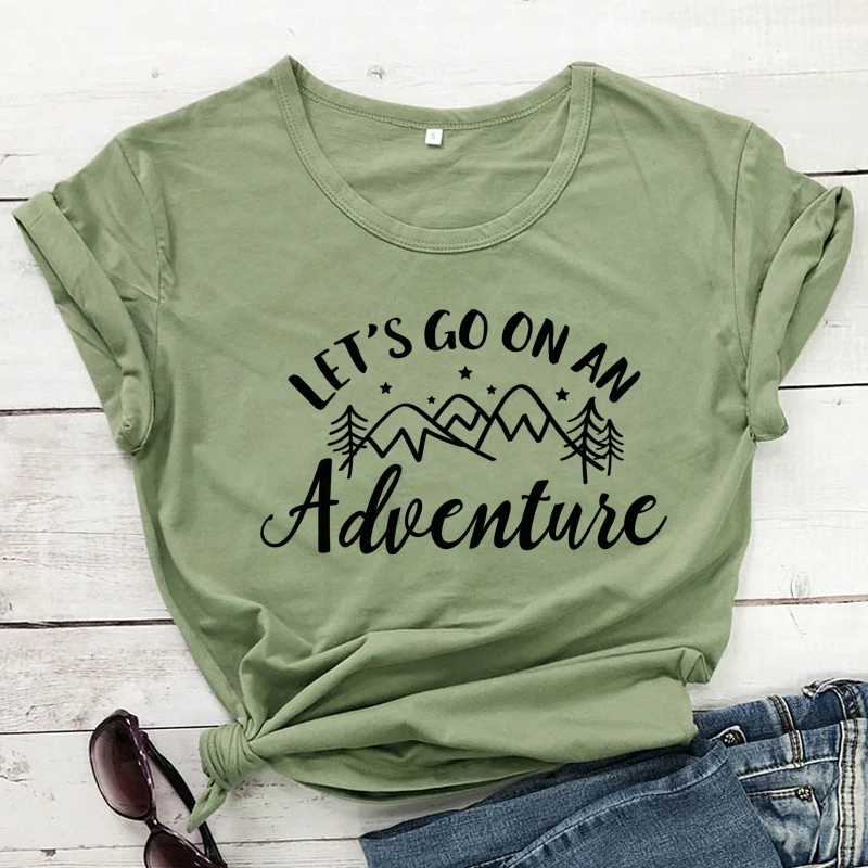 

Let's Go On An Adventure 100%Cotton T-shirt Casual Women Graphic Adventure Tee Shirt Top Aesthetic Unisex Hipster Camping Tshirt