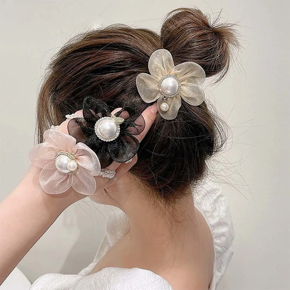 

Sweet Mesh Flower Pearl Hair Ring Ball Head Girl Pearl Rhinestone Summer Hair Rope For Women Girl Fashion Popular Hair Accessory