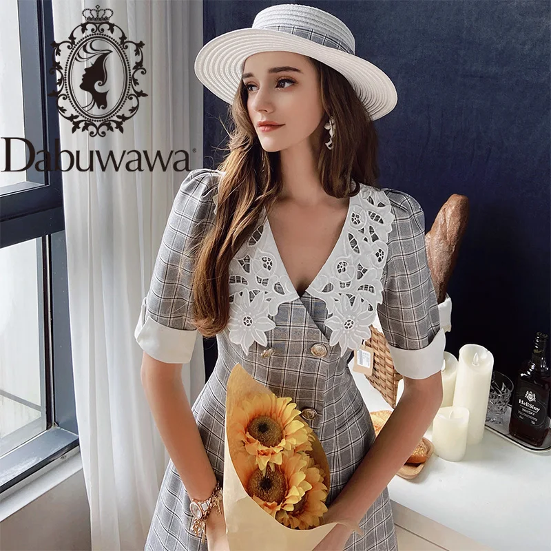 

Dabuwawa Exclusive Vintage Plaid Dress Women Appliques Collar Double Breasted Elegant Split Hem Dress Office Lady DO1BDR077