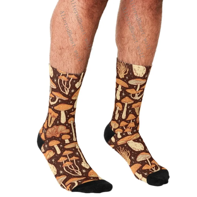 

Men's Funny socks Deadly Mushrooms Orange on Brown Socks harajuku Men Happy hip hop cute boys Crew Casual Crazy Socks for men