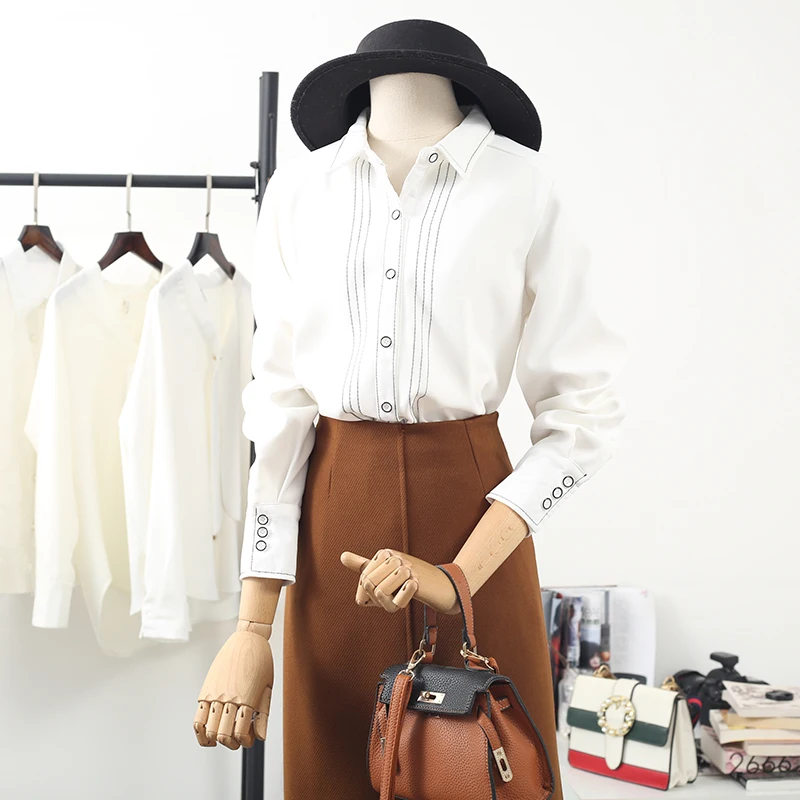 Винтажный дизайн женские рубашки 2021 v образный вырез отложной воротник длинный