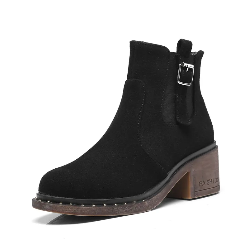 

Retro Rivet Booties Buckle Design Block Ladies High Heel Boots Women Autumn Winter Ankle Chelsea Boots Green Shoes 2018