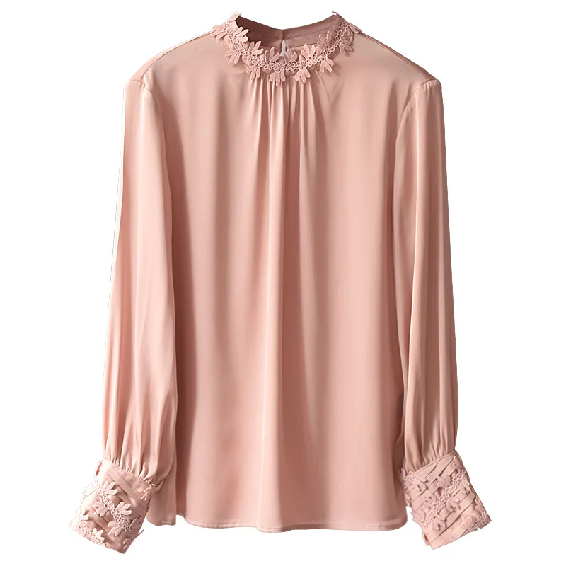 売る 新しいスパイラル刺繍レースヘビーシルクブラウス長袖シャツ桑シルクシャツ