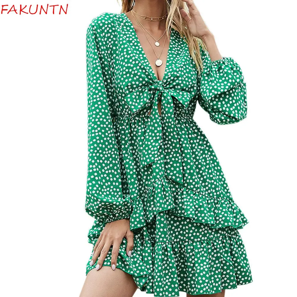 

FAKUNTN Wave Point Dress Women 2021 Autumn Long Sleeve French V Collar Puff Sleeve Boho Beach Holiday Sexy Mini Casual Dresses