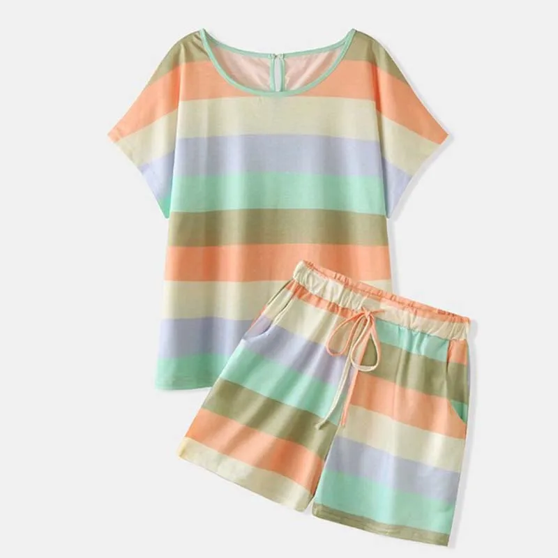 

2021 Summer Stripe Pajama Set Women Loungewear Oversized Homewear Lounge Wear Set Ladies Sleepwear Loose Sleep Wear Nightwear