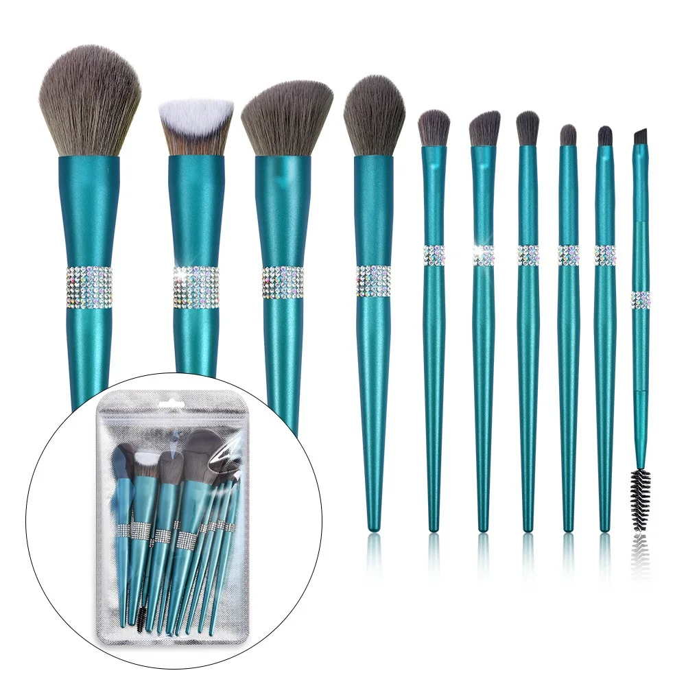 Diamond Glitter Makeup Brushes Set 10pcs Premium Synthetic Foundation Cosmetic Brushes Bling Crystal Turquoise Brush Makeup Tool