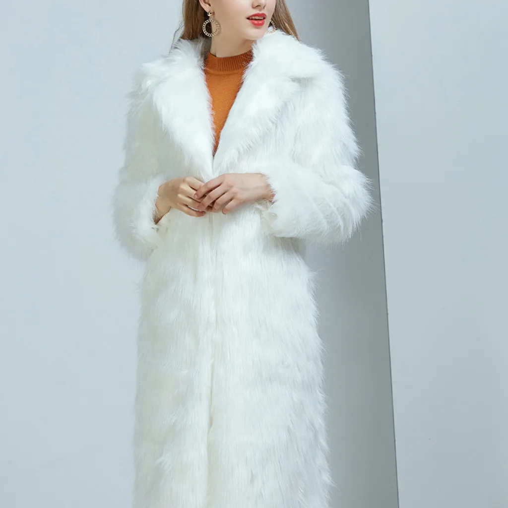 Ladies Faux Fur Wool Lamb Long Coat Fashion Women Outwear Long Sleeves Warm Coat Plush Jacket Long Overcoat Solid Plus Size