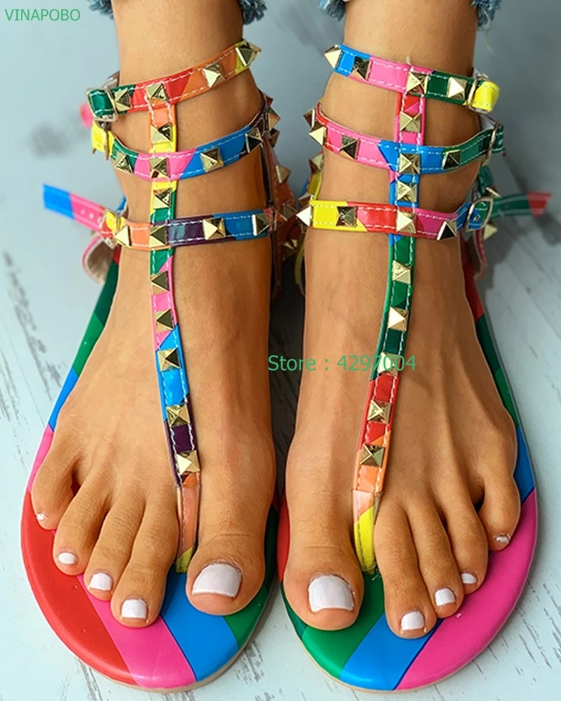Women Summer Rainbow Sandals Fashion Narrow Band Clip Toe Flat Beach Shoes Woman Rivet Buckle Strap Casual Shoes Sandalias Mujer