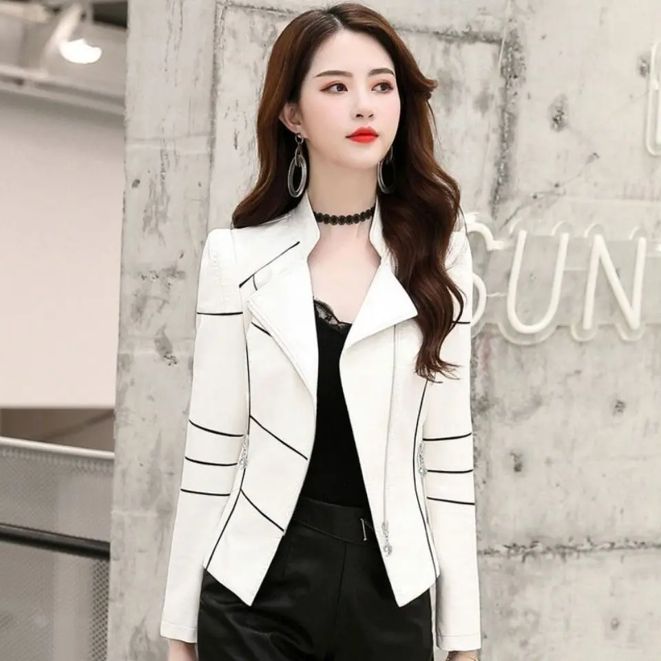 Women's Leather Jacket Coat Short 2023 New Motorcycle Slim Spring And Autumn Black White