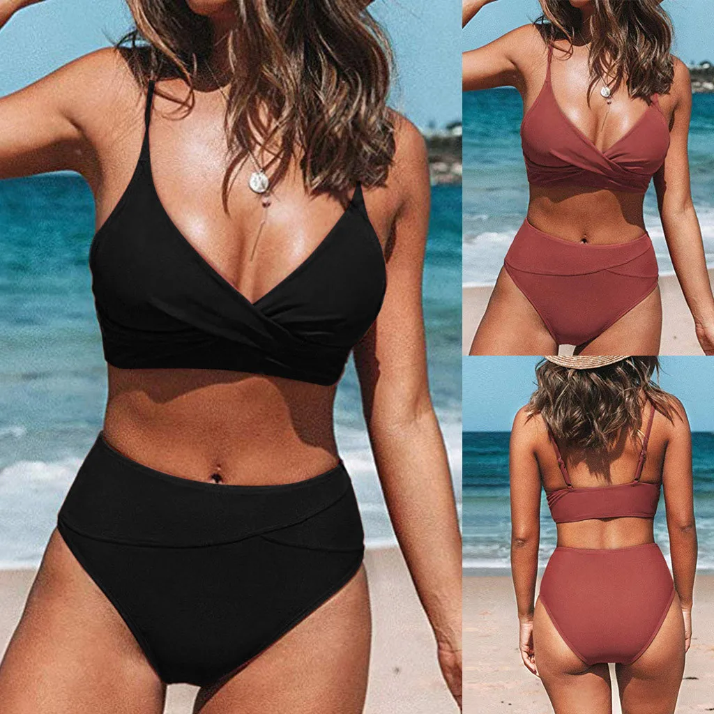 

Sexy Solid Color Swimwear Bathing Suit New 2020 Women High Waist V-neck Bikini Swimsuit Party Beach Ladies Large Size