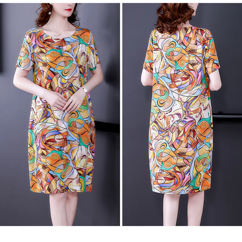 

Summer Dress Women Short Sleeve Flroal Printing Vintage Dresses Women Loose Waist Knee Length Dresses Sexy O-neck Vestidos Dress