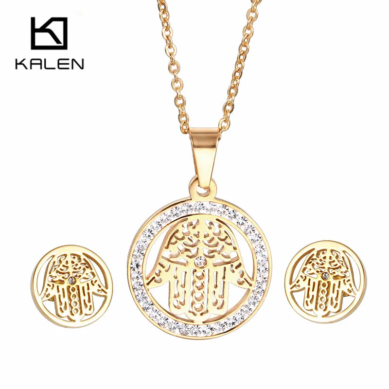 KS32679-K KALEN винтажный зловещий Глаз Хамса рука подвеска ожерелье и набор серег религиозный из нержавеющей стали Турецкий золотой женский ювелирный набор - Окраска металла: KS32679-K