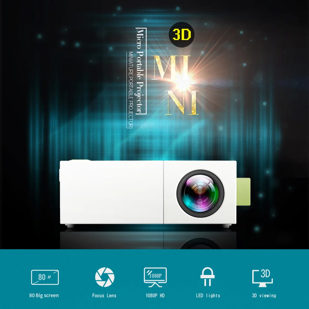 Мини портативный проектор 1080P видео с светодиодный 3D просмотр домашнего