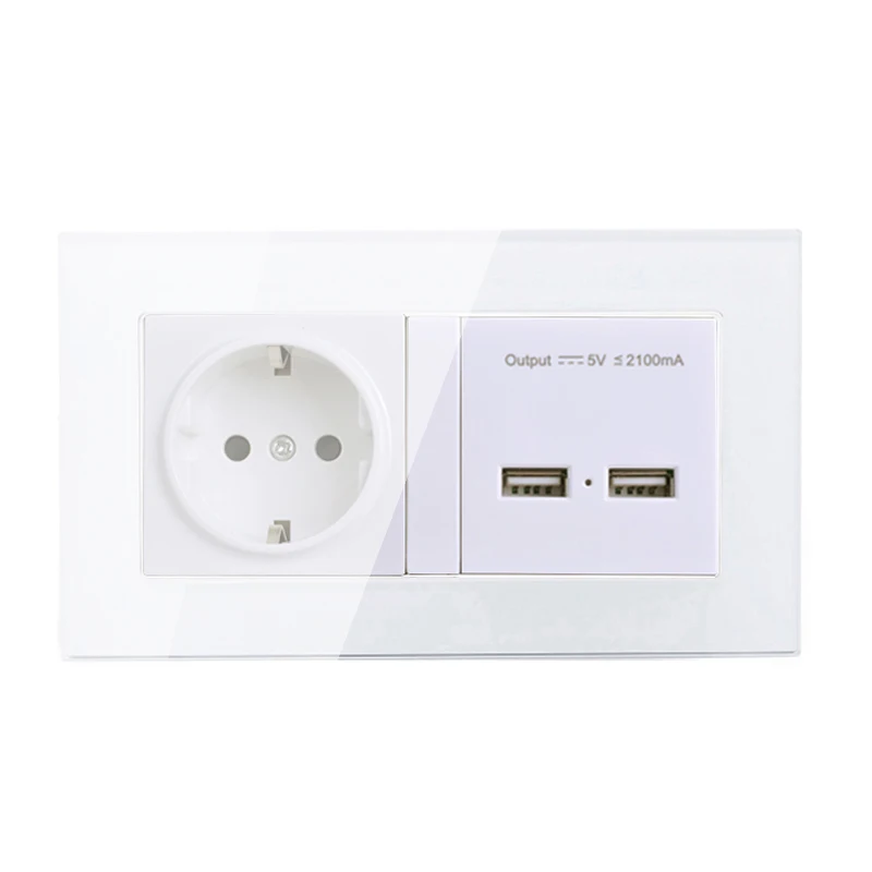German Standard Socket EU Power Outlet With Dual USB Smart Induction Charge Port For Mobile 2.1A Crystal Glass Panel | Обустройство