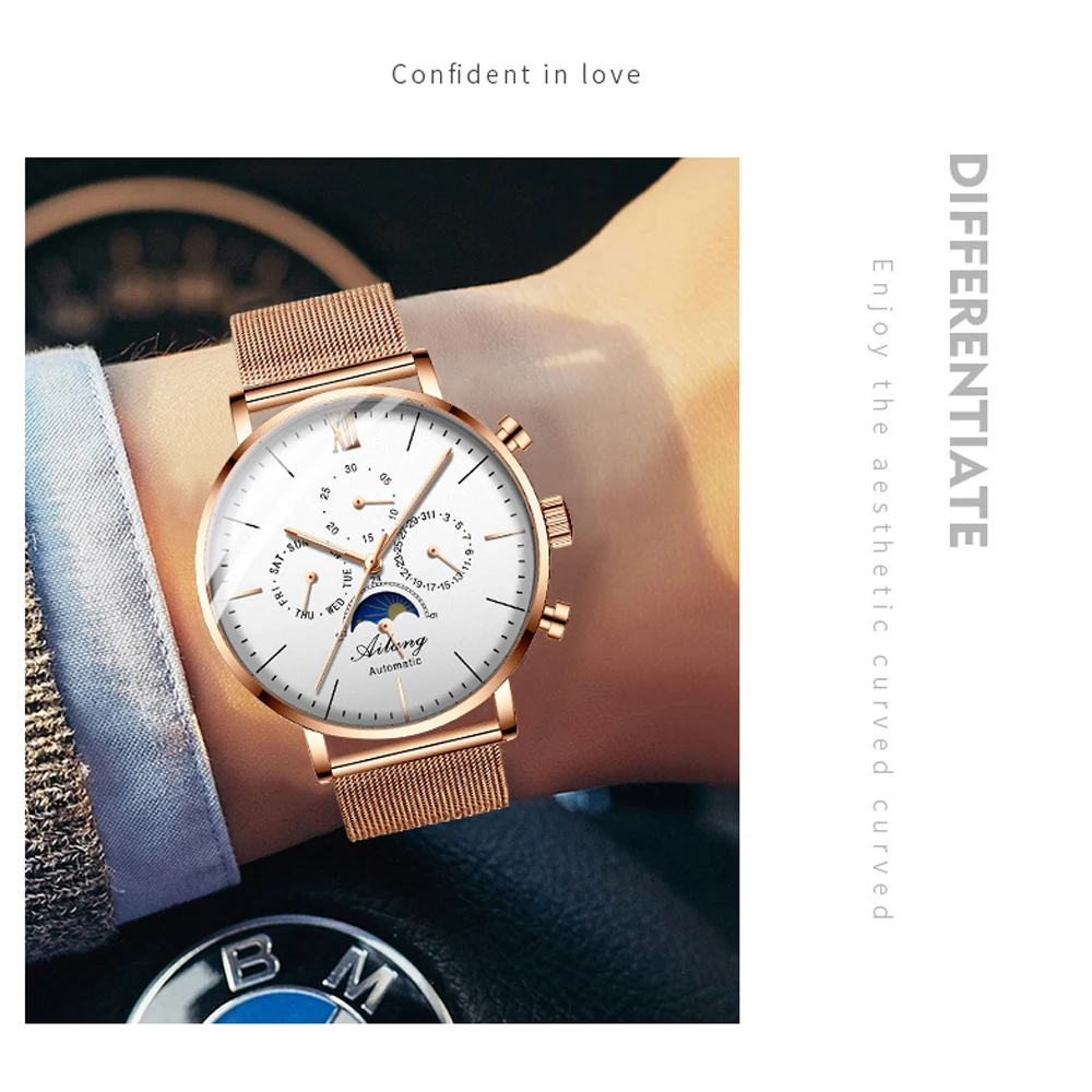 AILANG Роскошные автоматические мужские механические часы с фазой Луны календарь