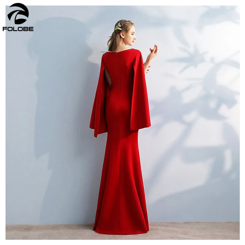 

2020 Simple Elegant Red V-Neck Cape Sleeve Dinner Party Formal Dress Mermaid High Split Floor Length Evening Dress
