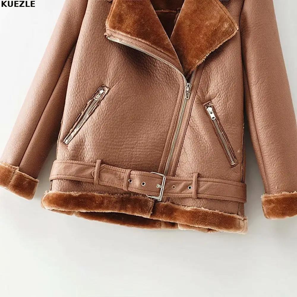 

Black Winter Sheepskin Coats Women Thicken Faux Leather Fur Coat Female Fur Lining Leather Jacket Aviator Jacket casaco feminino
