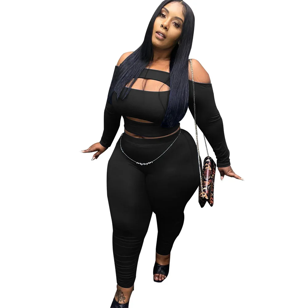 

Adogirl размера плюс 5XL комплект из двух предметов с открытыми плечами для женщин Топ с длинным рукавом с вырезами брюки-карандаш спортивный ко...