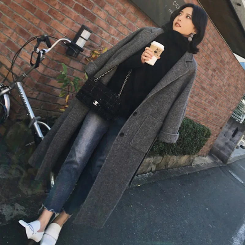 Женское шерстяное пальто [EWQ] теплое длинное с длинным рукавом и поясом Корейская